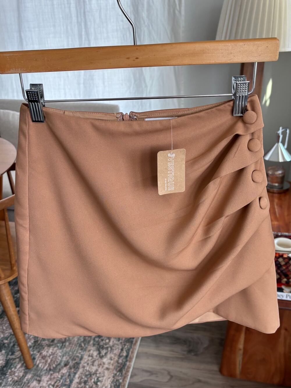 New Vestique Brown Asymmetrical Faux Wrap Mini Skirt Ruched Buttons NWT Small